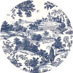Poster - Circular design featuring a toile pattern of a pastoral landscape in shades of blue and white. The image depicts rolling hills, trees, buildings, and winding pathways, rendered in a classic toile