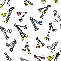 Poster - Seamless pattern of colorful cranes on white background. Simple line art style illustration of various construction cranes. Perfect for textile prints, wallpaper, or packaging designs