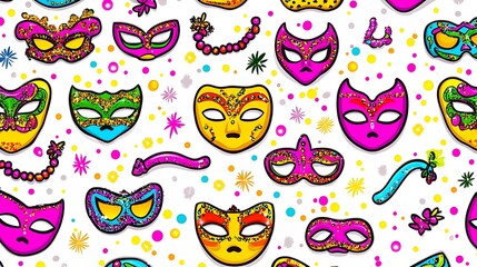 Poster - Pixel art seamless pattern featuring colorful masquerade masks, confetti, and serpentine. Vibrant pink, yellow, green, and blue hues dominate the design, creating a festive atmosphere. The masks are