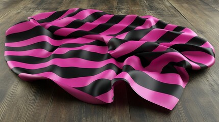 Leinwandbilder - Pink and black striped fabric draped on a dark brown wooden surface. The fabric is smooth and has a slight sheen. The stripes are thick and bold, creating a visually striking pattern. The lighting is