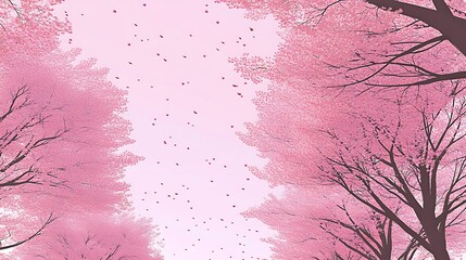 Poster - Pink cherry blossoms falling from trees, soft pink sky, pastel colors, delicate branches, springtime atmosphere, nature scene, soft light, gentle breeze, romantic mood, serene setting, peaceful