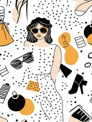 Poster - Stylish woman in white polka dot dress and sunglasses surrounded by fashion accessories, geometric shapes, and a vibrant color palette of black, white, and orange. The illustration features a bold