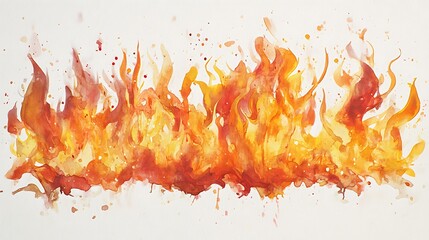 Poster - Watercolor painting of fiery orange and yellow flames on a white background. The flames are depicted with a dynamic, energetic style, with various shades and shapes suggesting movement and heat. The