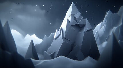 Poster - Low poly 3D rendering of a majestic snow capped mountain peak under a night sky, with a focus on geometric shapes and a minimalist style. The scene is serene and features a dark blue background with