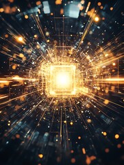 Poster - Abstract digital art depicting a glowing golden cube at the center of a dark, particle filled space. Bright light emanates from within the cube, creating streaks of light and energy radiating
