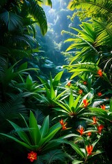 Poster - Rainforest Majesty Sunlight Filters Down Through The Emerald Canopy. Lush Ferns Flourish Exotic Blooms Burst With Color. Tranquil Scene Full Of Life.