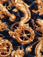 Poster - Intricate pattern featuring golden fish, ship wheels, and chains on a dark blue background. The metallic gold elements have a textured appearance against the slightly mottled blue backdrop. The