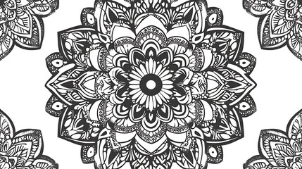 Poster - Black and white intricate mandala pattern. Symmetrical design with floral and geometric motifs. Detailed line art on white background. Seamless repeating texture for textile, wallpaper, or print