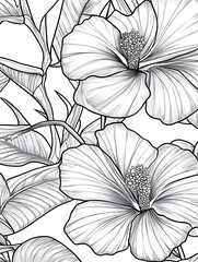 Poster - Close up view of meticulously detailed monochrome botanical illustration featuring hibiscus flowers and leaves. The image showcases intricate linework and shading, creating a detailed and realistic