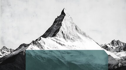 Poster - Monochrome mountain peak with teal geometric overlay. A snowy, sharp peak dominates the image, set against a textured, slightly grainy background. The teal element adds a modern, graphic contrast