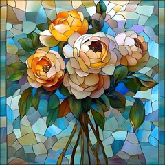 Poster - Mosaic style artwork depicting a bouquet of cream, peach, and orange roses. The background features a teal and blue mosaic pattern. The roses are rendered with a painterly style, with visible