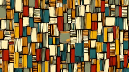Poster - Abstract geometric pattern with multicolored rectangular shapes. The image features a blend of warm and cool colors, creating a dynamic and textured visual effect. The style evokes a sense of modern