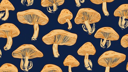 Poster - Pattern of orange mushrooms on a dark blue background. Pixel art style. Detailed illustration of mushrooms with intricate cap details. Seamless design, ideal for textiles or digital prints