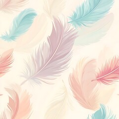 Poster - Soft pastel colored feathers float on a light beige background. The feathers are various shades of pink, blue, and beige, creating a gentle and dreamy aesthetic. The pattern is seamless and repeats