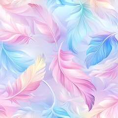 Poster - Pastel colored feathers float on a soft, light purple background. The feathers are in various shades of pink, blue, and yellow, and are depicted in a gentle, almost weightless manner. The image has a