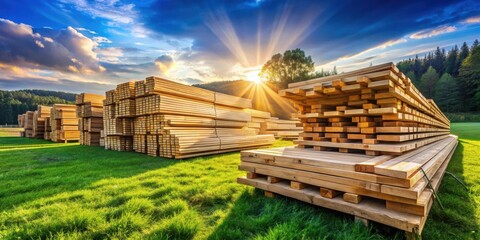 Poster - Stacks of lumber bathed in the warm glow of a setting sun, a picturesque scene of rustic beauty and natural resources