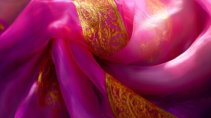 Poster - Close up of pink and magenta fabric with gold patterns. The fabric is draped and has a soft, flowing texture. The lighting highlights the sheen and texture of the material