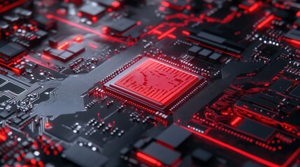 Poster - Glowing red cpu on circuit board close up