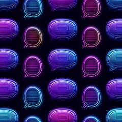 Poster - Pixel art neon speech bubbles in blue, purple, and pink hues on a dark background. Seamless pattern design with glowing text message bubbles