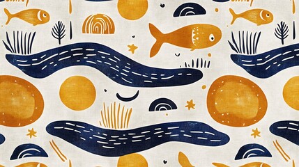 Poster - Seamless pattern featuring stylized goldfish, wavy water lines, suns, and stars in shades of gold, navy, and beige on a light textured background. The design is simple, playful, and reminiscent of