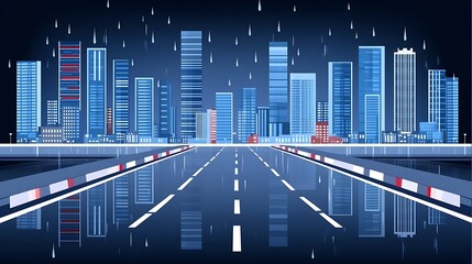 Poster - Pixel art cityscape at night, reflecting in a rain slicked road. Blue and white hues dominate, with a dark background.  The scene features tall buildings and a long, empty road stretching to the city