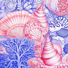 Poster - Intricate pen and ink drawing of seashells and coral in shades of red and blue. The artwork features detailed textures and patterns, creating a sense of depth and complexity. Various shell shapes and