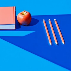 Poster - Red apple, book, and three orange pencils arranged on a vibrant blue surface. Strong shadows cast by overhead lighting. Minimalist still life composition