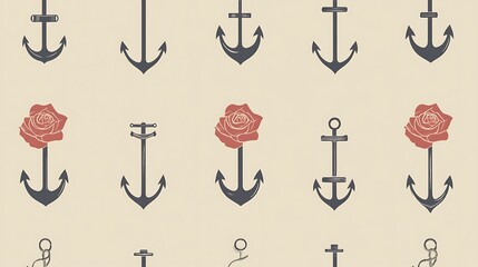 Poster - Seamless pattern featuring anchors and roses. Dark gray anchors are interspersed with dusty rose roses, all on a light beige background.  The design is simple and repetitive, ideal for textile or