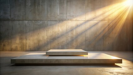 Leinwandbilder - A minimalist concrete platform bathed in golden sunlight, creating a serene and modern backdrop for product display.