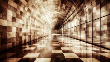 Poster - Abstract sepia toned image depicting a long, reflective corridor with checkered floor and tiled walls, creating a sense of depth and mystery. The perspective leads the viewer's eye towards a