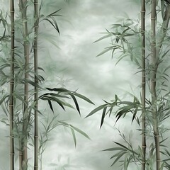 Poster - Soft green bamboo stalks and leaves emerge from a misty gray green background, creating a serene and peaceful atmosphere. The image features vertical lines of bamboo, detailed leaves and a soft