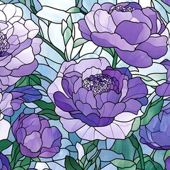 Poster - Close up view of a vibrant floral arrangement featuring predominantly purple peonies, rendered in a stained glass style. The flowers are depicted with varying shades of purple, from light lavender to