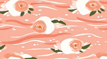 Poster - Peach background with stylized rose pattern, featuring simplified rose illustrations and wavy lines, created in a painterly style. The color palette is soft and muted, with variations in peach and
