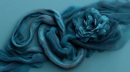 Poster - Close up view of a stylized teal rose resting on a textured, teal fabric. The fabric has a pixelated or digital appearance, creating a unique, abstract effect. Soft lighting enhances the image's