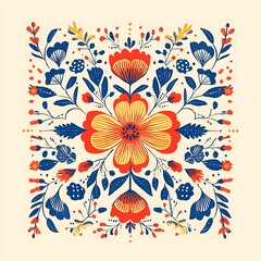 Poster - Vibrant floral illustration in red, yellow, and blue hues arranged symmetrically against an off white background. The artwork features a stylized floral motif with detailed leaves and blossoms