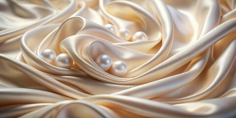 Poster - The smooth, flowing beige fabric of a silk scarf with four white pearls nestled in the folds