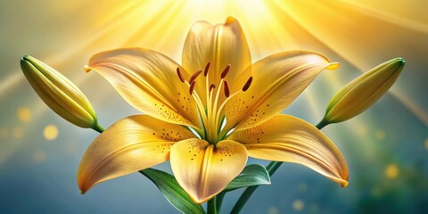 Poster - A radiant yellow lily blossoms in the warm glow of sunlight, its delicate petals reaching towards the heavens. The bloom is surrounded by two tightly closed buds, promising more beauty to come.