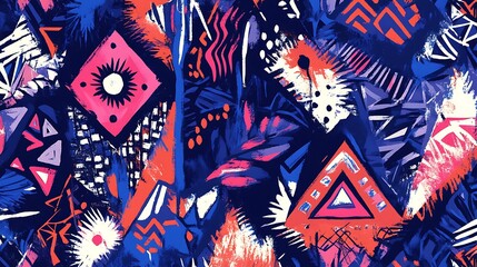 Poster - Vibrant abstract artwork featuring a dynamic interplay of geometric shapes and organic forms. Predominantly blue, pink, and orange hues create a bold and energetic composition. The design