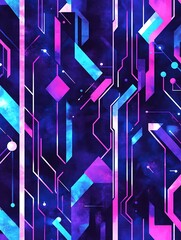 Poster - Abstract digital art featuring vibrant pink, blue, and purple geometric shapes and lines against a dark, textured background. The design evokes a futuristic or technological aesthetic