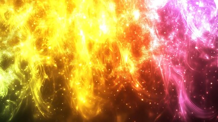 Leinwandbilder - Abstract cosmic nebula with vibrant colors, swirling textures, and glowing particles. Dark background with bright yellow, orange, pink, and purple hues.  Intricate patterns create a sense of depth