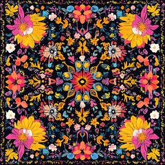 Poster - Vibrant floral textile design with multicolored flowers and intricate patterns on a dark background. The artwork showcases a symmetrical arrangement of blossoms in various shapes and sizes, creating