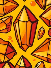 Poster - Vibrant illustration featuring orange and red crystals of varying shapes and sizes against a yellow background. The crystals exhibit a pixelated, almost stained glass like effect.  A large, central