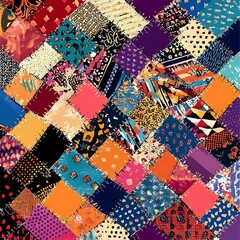 Poster - Vibrant patchwork textile design with a variety of colors, patterns, and textures. The image features a dynamic arrangement of geometric shapes and abstract motifs, creating a visually rich and
