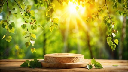 Aufkleber - Sunbeams Dappling Through Lush Green Foliage, Illuminating a Wooden Platform in the Heart of Nature