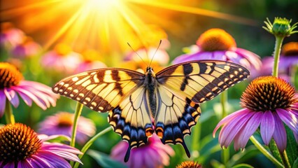 Aufkleber - A Vibrant Yellow Butterfly Perched on a Purple Flower with Sunbeams Streaking Through the Scene