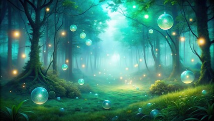 Poster - A magical forest bathed in ethereal light, with glowing orbs suspended amidst the trees and a misty atmosphere that evokes a sense of wonder and enchantment.