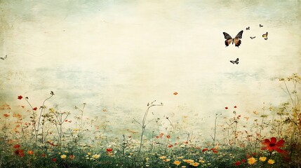 Poster - Vintage styled image depicting a field of wildflowers with butterflies in flight. The background features a textured, faded appearance reminiscent of old paper or canvas. Muted colors of greens
