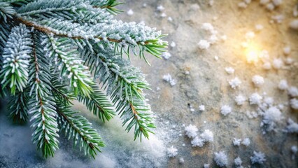 Aufkleber - A frosted pine branch lies against a background of white snow, the sun shining through the snow crystals.