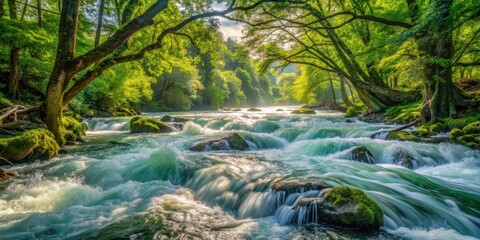 Aufkleber - Sunlight filtering through lush foliage illuminates a rushing stream, creating a mesmerizing spectacle of nature's vibrant energy and cascading water