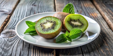 Aufkleber - Freshly Sliced Kiwi Fruit With Mint Leaves on a White Plate on a Wooden Table